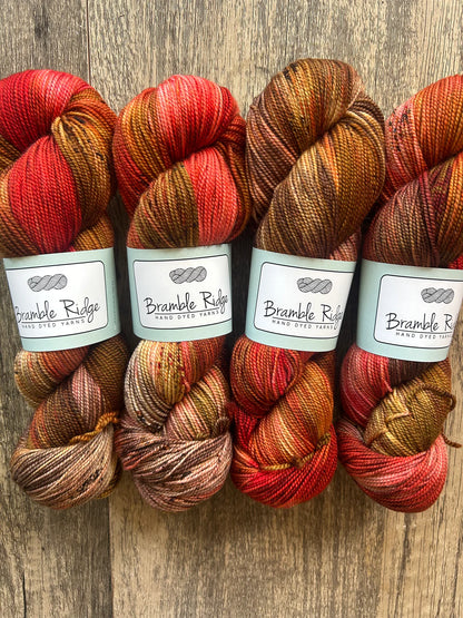 Four skeins of Bramble Ridge hand dyed yarn in warm autumn colors on wooden surface